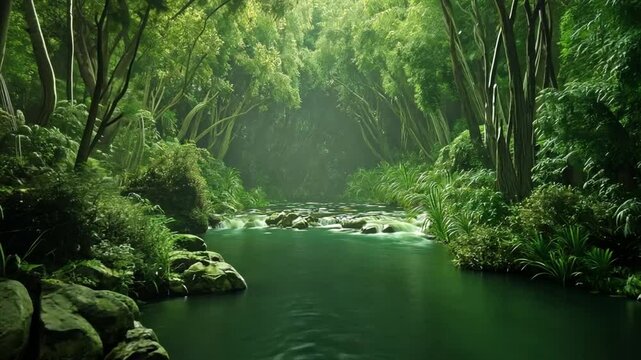 Emerald Embrace: A serene river winds its way through a lush forest, embraced by verdant foliage and casting reflections of the tranquil atmosphere. Capturing the serenity of the nature.
