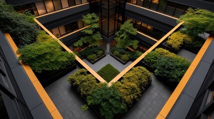 Urban courtyard design with greenery.