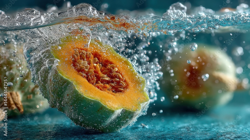 Aufkleber vibrant cantaloupe slice submerged underwater with bubbles, refreshing summer fruit.
