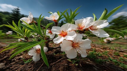 Obraz premium Blossoming almond tree in a sunny spring landscape.