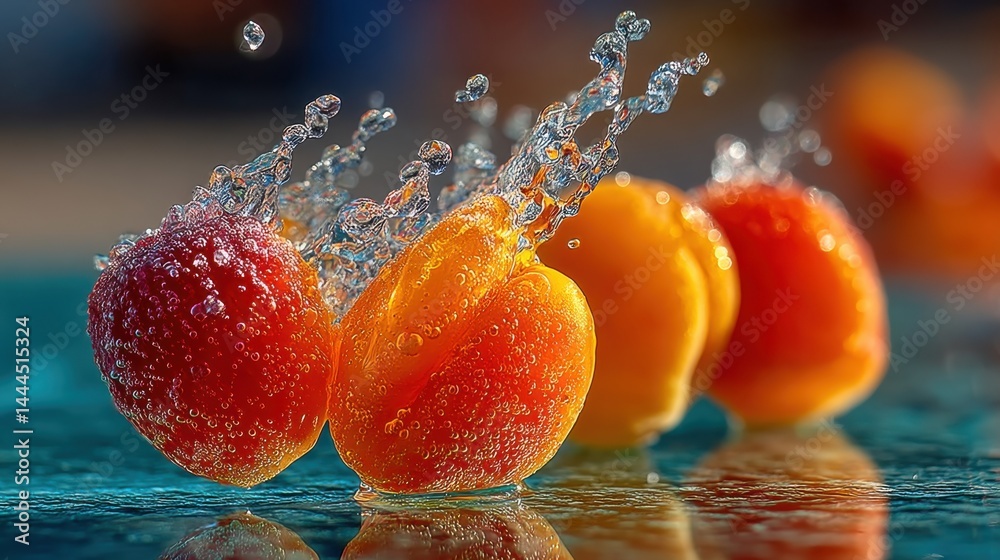 Poster vibrant close-up of fresh apricots with water splash on a reflective surface.