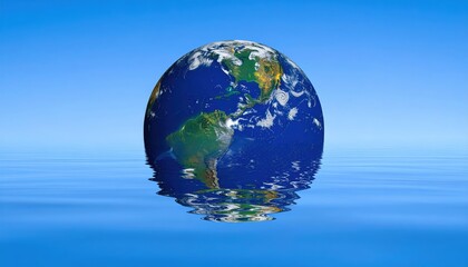 Fototapeta premium Earth Globe Floating on Calm Water Reflecting a Clear Blue Sky Global Warming Concept Image
