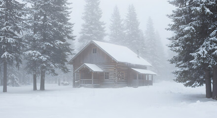 Snowy Winter Cabin Serenity In A Forest Landscape With Evergreen Trees