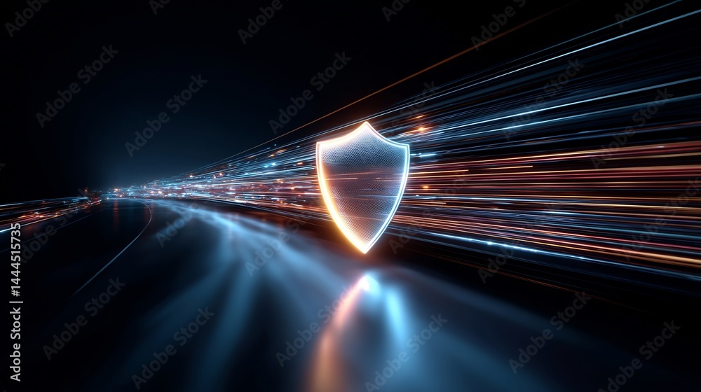 Poster cybersecurity protection shield with fast moving data streams representing secure network