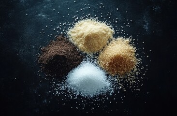 Various types of sugar arranged on a dark surface for culinary use and presentation at a cooking or baking setup