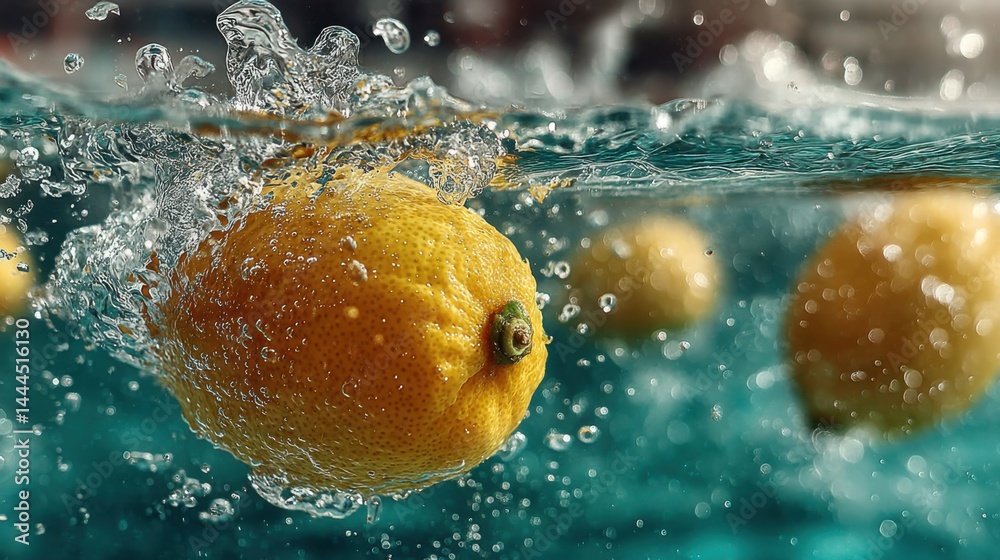 Poster vibrant lemon fruit submerged in water with splashes and bubbles, refreshing.