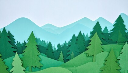 Fototapeta premium Paper Craft Mountain Landscape Featuring Green Evergreen Trees and Rolling Hills