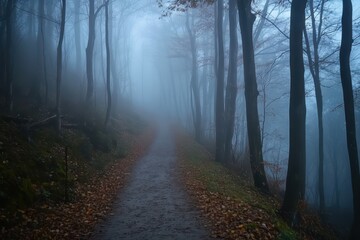 Obraz premium Haunting forest path enveloped in mist creates eerie atmosphere for horror enthusiasts, Haunting forest path shrouded in mist, horror Photo background