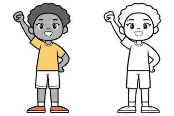 Cartoon African American boy stands smiling with raised fist alongside a black and white version