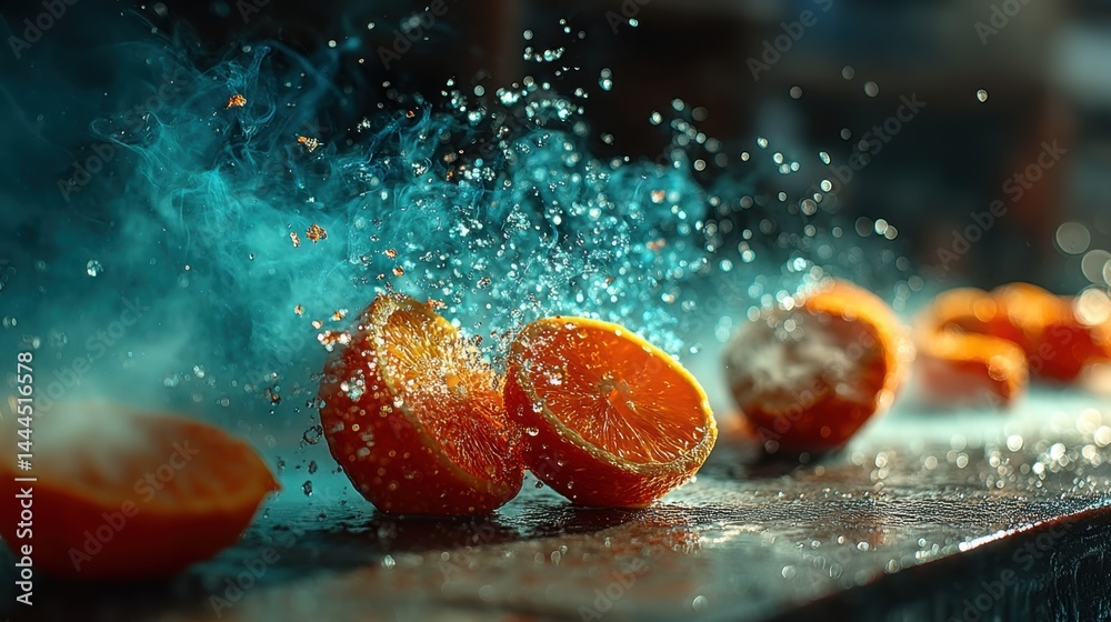 Poster vibrant image of a halved orange exploding with water droplets and artistic smoke