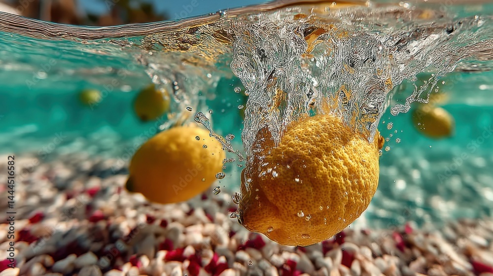 Poster vibrant lemons splashing into turquoise water creating a refreshing summer scene