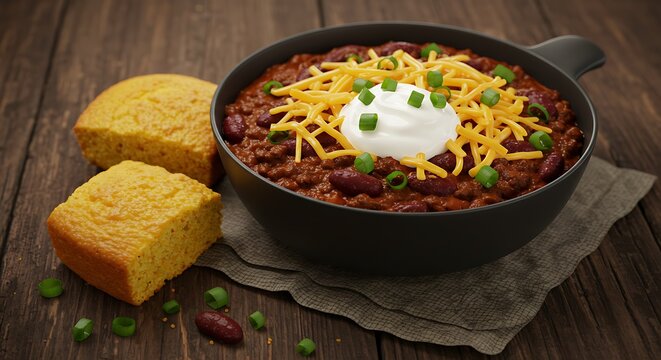 Hearty Chili with Cheddar, Sour Cream, and Cornbread