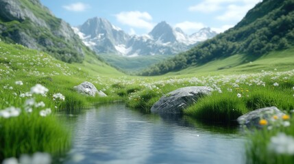 Lush alpine meadow valley with a clear stream.  Mountain peaks in the background