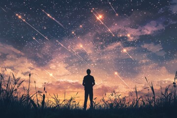 Fototapeta premium Man watches falling stars illuminate the night sky in a serene landscape, A man watch falling stars in the sky