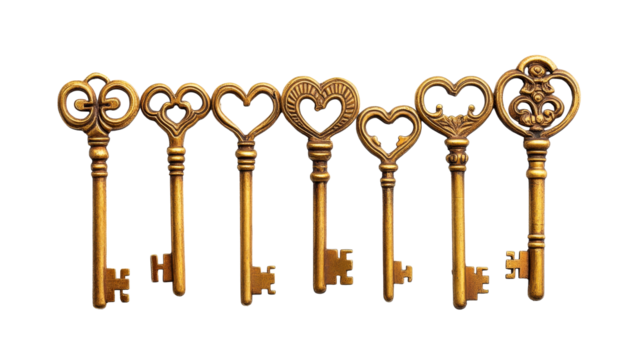 Ornate heart shaped metal keys, cut out transparent - Powered by Adobe
