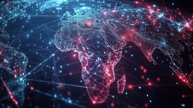 Reflection Abstract digital world map, concept of global network and connectivity on Earth, data transfer and cyber technology, information exchange and international telecommunication, Ai