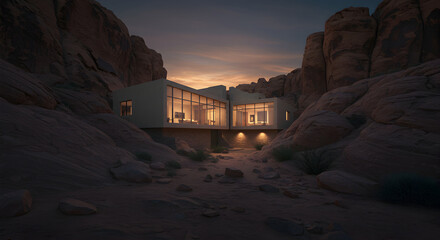 Modern Desert Home At Sunset Nestled Between Sandstone Rocks