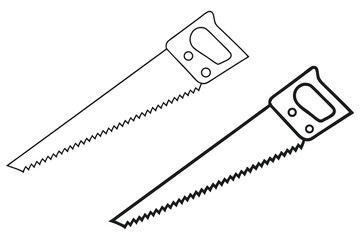 Two hand saws with jagged blades are showcased in a monochrome line drawing