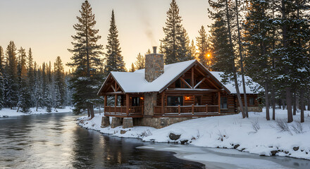 Log Cabin Nestled Among Snowy Pines At Lakeside At Sunset