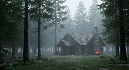 Rustic Cabin In Misty Forest Serene Woodland Home Hearth Warmth
