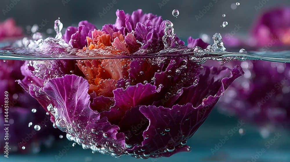 Poster vibrant purple flower submerged in water creating a dynamic and artistic composition