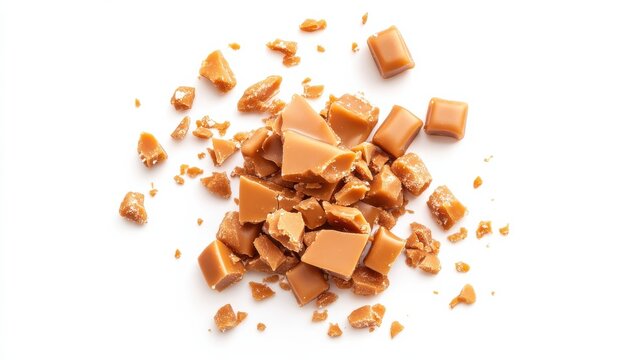 Isolated broken caramel toffee crumbs round milk confections brown sugar candies and small caramel treats on a white background