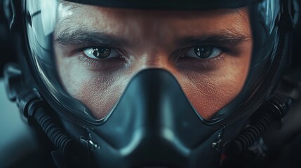 An intense close-up of a pilot wearing an oxygen mask, eyes sharp with determination as they prepare for a high-stakes flight.
