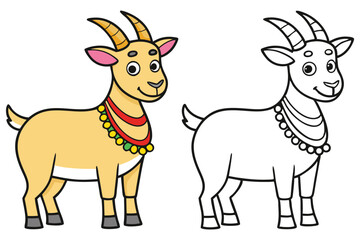 A cute cartoon goat with colorful necklace stands beside its coloring page version