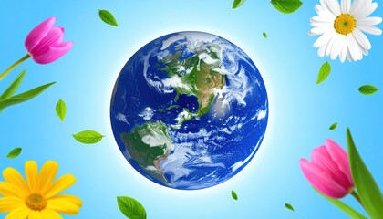 Naklejka premium Vibrant Earth Day Image Featuring Tulips Daisies and Green Leaves Surrounding Planet Earth