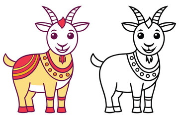 Decorated cute cartoon goat stands beside line art drawing, isolated on white, transparent background