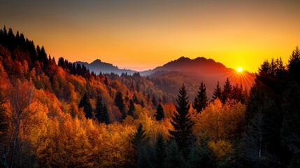 Naklejka premium A vibrant forest landscape under an orange and yellow sunset sky