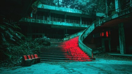 A weathered building complex with red illuminated staircases and green surroundings