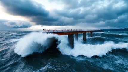 A pier in the middle of a large body of water under a cloudy sky