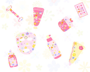 seamless set skincare icon with colorful flower. cute hand drawn for printable or wrapping