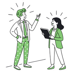 Line art of diverse business people in suits with a green accent on a white backdrop