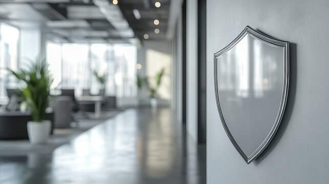 Modern interior design featuring a shield decoration in a bright and spacious office environment with plants