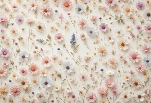 Whimsical Pastel Floral Micro-Print Pattern on Creamy White Background &ndash; High Resolution Spring and Wedding Design