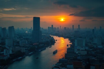 Fototapeta premium Captivating Bangkok sunrise timelapse over the Chao Phraya River with city skyline, Bangkok sunrise timelapse