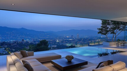 Fototapeta premium Luxury home interior features a city view and swimming pool