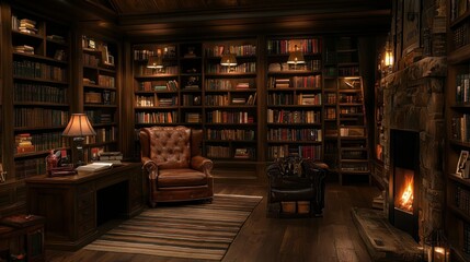 A cozy library with leather chairs and a warm fireplace
