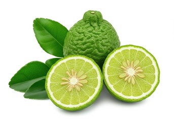 A kaffir lime with leaves and two halves showing the inside on a white background in a studio shot
