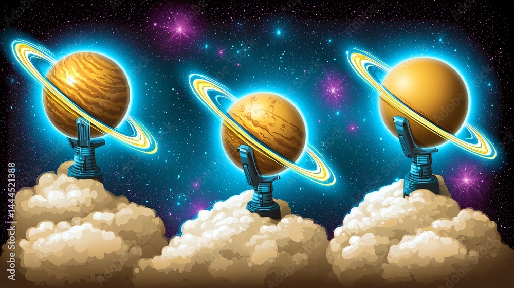 Canvas Prints trio of planets suspended in the sky against a cosmic backdrop creating a stunning display of celest