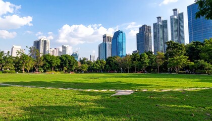 Fototapeta premium Nature park in a metropolitan city, tall skyscraper building skyline