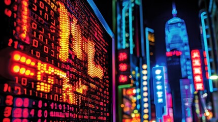 Digital Display Featuring Cryptocurrency Symbols Stands Beside Urban Architecture
