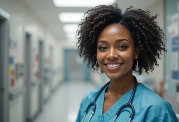 Smiling healthcare professional in blue scrubs with stethoscope in a warmly lit hospital hallway.