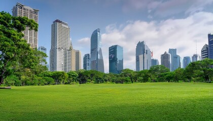 Obraz premium Nature park in a metropolitan city, tall skyscraper building skyline