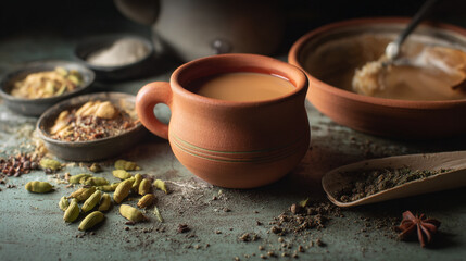 Fototapeta premium Spiced tea in a traditional cup surrounded by spices and ingredients on a rustic table
