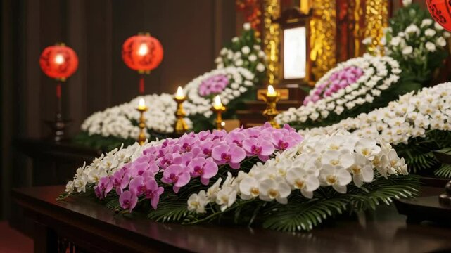 Beautiful floral arrangement with candles and lanterns in a temple  