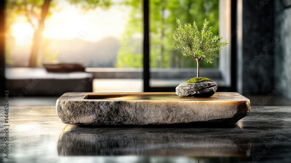Poster serene and calming scene featuring small bonsai tree on stone tray, with sunlight streaming through 
