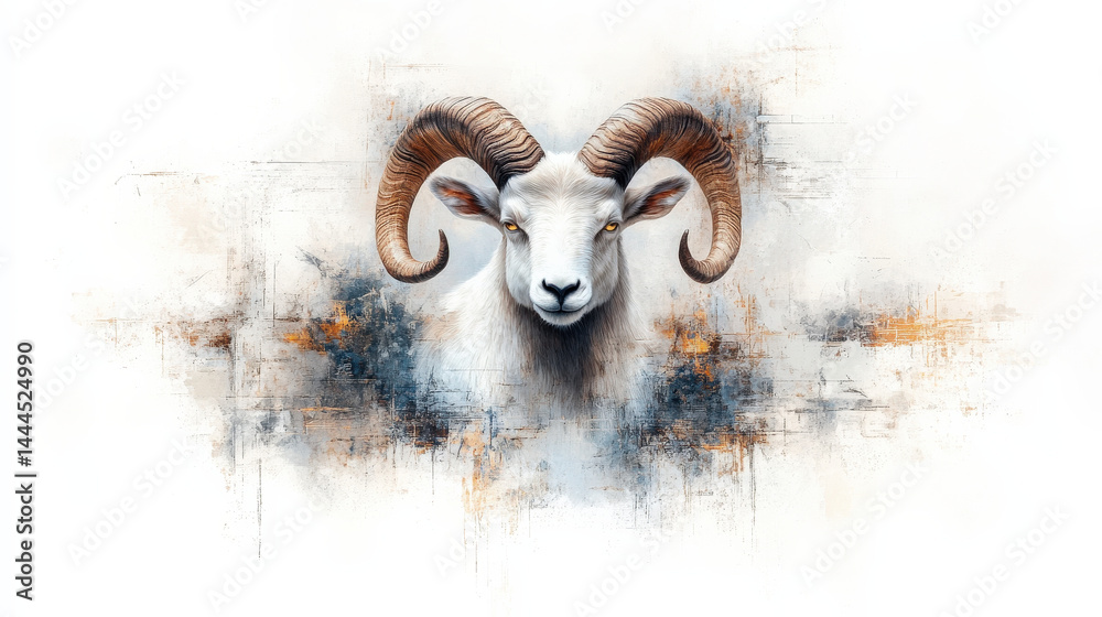 Poster serene and captivating digital portrait of mythical ram with large, curved horns and intense eyes, s
